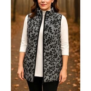 J.Jill Quilted Down Puffer Vest Black and White Damask Floral Print Full Zip 1X